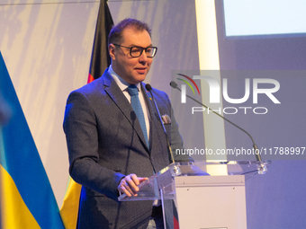 Oleksii Makeiev, Ukraine's Ambassador to Germany, speaks during the opening of the Ukraine Conference of NRW at Flora Hall in Cologne, Germa...