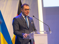 Oleksii Makeiev, Ukraine's Ambassador to Germany, speaks during the opening of the Ukraine Conference of NRW at Flora Hall in Cologne, Germa...