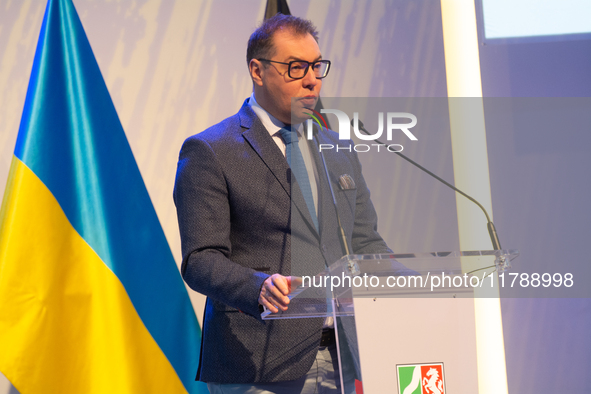 Oleksii Makeiev, Ukraine's Ambassador to Germany, speaks during the opening of the Ukraine Conference of NRW at Flora Hall in Cologne, Germa...