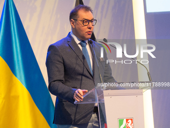 Oleksii Makeiev, Ukraine's Ambassador to Germany, speaks during the opening of the Ukraine Conference of NRW at Flora Hall in Cologne, Germa...