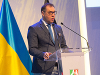 Oleksii Makeiev, Ukraine's Ambassador to Germany, speaks during the opening of the Ukraine Conference of NRW at Flora Hall in Cologne, Germa...