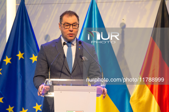 Oleksii Makeiev, Ukraine's Ambassador to Germany, speaks during the opening of the Ukraine Conference of NRW at Flora Hall in Cologne, Germa...