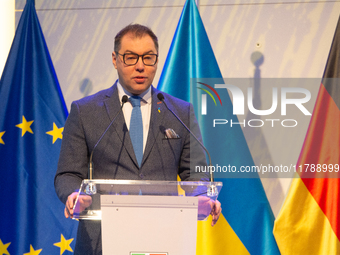 Oleksii Makeiev, Ukraine's Ambassador to Germany, speaks during the opening of the Ukraine Conference of NRW at Flora Hall in Cologne, Germa...