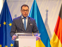 Oleksii Makeiev, Ukraine's Ambassador to Germany, speaks during the opening of the Ukraine Conference of NRW at Flora Hall in Cologne, Germa...