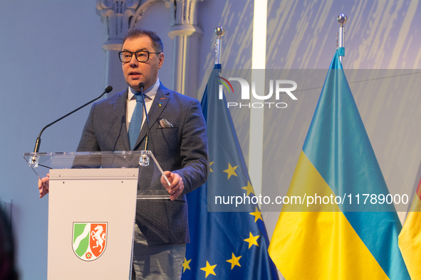 Oleksii Makeiev, Ukraine's Ambassador to Germany, speaks during the opening of the Ukraine Conference of NRW at Flora Hall in Cologne, Germa...