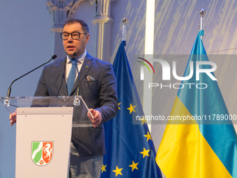 Oleksii Makeiev, Ukraine's Ambassador to Germany, speaks during the opening of the Ukraine Conference of NRW at Flora Hall in Cologne, Germa...