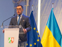 Oleksii Makeiev, Ukraine's Ambassador to Germany, speaks during the opening of the Ukraine Conference of NRW at Flora Hall in Cologne, Germa...