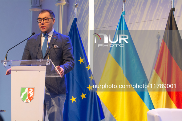 Oleksii Makeiev, Ukraine's Ambassador to Germany, speaks during the opening of the Ukraine Conference of NRW at Flora Hall in Cologne, Germa...