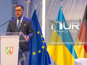 Oleksii Makeiev, Ukraine's Ambassador to Germany, speaks during the opening of the Ukraine Conference of NRW at Flora Hall in Cologne, Germa...