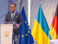 Oleksii Makeiev, Ukraine's Ambassador to Germany, speaks during the opening of the Ukraine Conference of NRW at Flora Hall in Cologne, Germa...