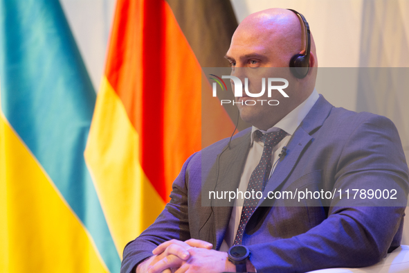 Serhiy Lysak, Governor of Dnipropetrovsk Oblast, speaks during the opening of the Ukraine Conference of NRW at Flora Hall in Cologne, German...