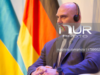 Serhiy Lysak, Governor of Dnipropetrovsk Oblast, speaks during the opening of the Ukraine Conference of NRW at Flora Hall in Cologne, German...