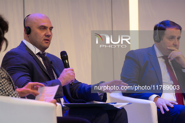 Serhiy Lysak, Governor of Dnipropetrovsk Oblast, speaks during the opening of the Ukraine Conference of NRW at Flora Hall in Cologne, German...