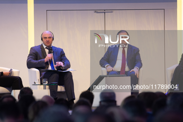 Serhiy Lysak, Governor of Dnipropetrovsk Oblast, speaks, and Nathanael Liminski, the state minister of international affairs, is seen during...