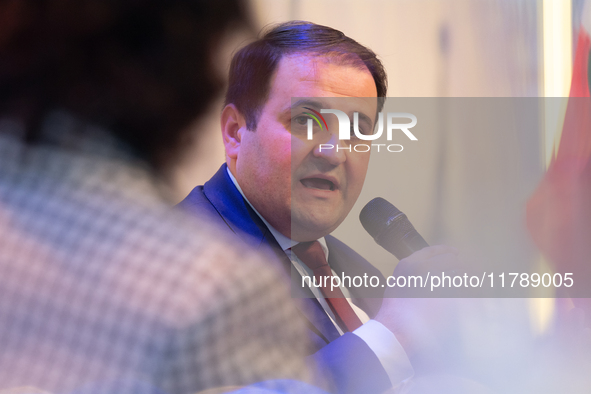 Nathanael Liminski, the state minister of international affairs, speaks during the opening of the Ukraine Conference of NRW at Flora Hall in...