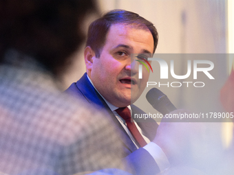 Nathanael Liminski, the state minister of international affairs, speaks during the opening of the Ukraine Conference of NRW at Flora Hall in...