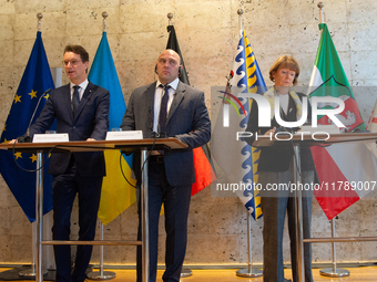 Hendrik Wust, the NRW state minister president, Serhiy Lysak, the governor of Dnipropetrovsk Oblast of Ukraine, and Henriette Reker, the may...