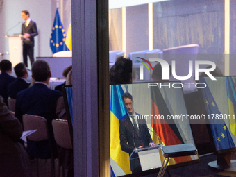 Hendrik Wust, NRW state minister president, speaks during the opening of the Ukraine Conference of NRW at Flora Hall in Cologne, Germany, on...