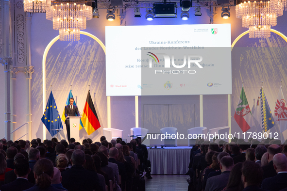 Hendrik Wust, NRW state minister president, speaks during the opening of the Ukraine Conference of NRW at Flora Hall in Cologne, Germany, on...