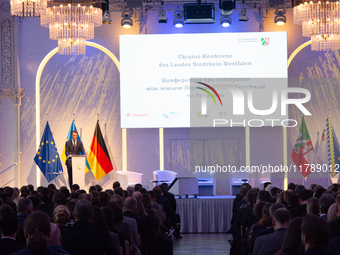 Hendrik Wust, NRW state minister president, speaks during the opening of the Ukraine Conference of NRW at Flora Hall in Cologne, Germany, on...