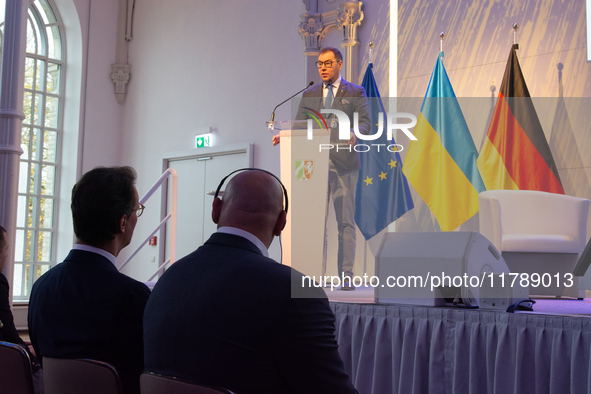 Oleksii Makeiev, Ukraine's Ambassador to Germany, speaks during the opening of the Ukraine Conference of NRW at Flora Hall in Cologne, Germa...