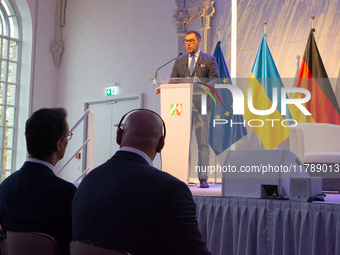 Oleksii Makeiev, Ukraine's Ambassador to Germany, speaks during the opening of the Ukraine Conference of NRW at Flora Hall in Cologne, Germa...