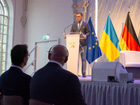 Oleksii Makeiev, Ukraine's Ambassador to Germany, speaks during the opening of the Ukraine Conference of NRW at Flora Hall in Cologne, Germa...