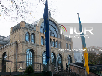 A general view of the flags of Europe and Ukraine is seen during the opening of the Ukraine Conference of NRW at Flora Hall in Cologne, Germ...