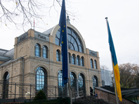 A general view of the flags of Europe and Ukraine is seen during the opening of the Ukraine Conference of NRW at Flora Hall in Cologne, Germ...