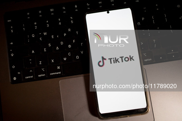 The TikTok logo displays on a smartphone screen in this photo illustration in Athens, Greece, on November 18, 2024. The Canadian government...