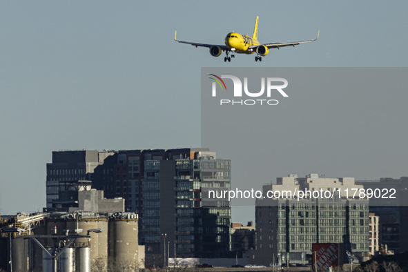 Spirit Airlines Airbus A320NEO aircraft spotted flying, landing and taxiing at LaGuardia airport. The iconic yellow A320 neo passenger airpl...