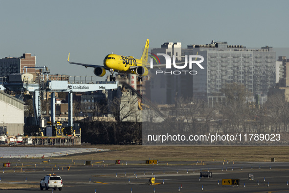 Spirit Airlines Airbus A320NEO aircraft spotted flying, landing and taxiing at LaGuardia airport. The iconic yellow A320 neo passenger airpl...