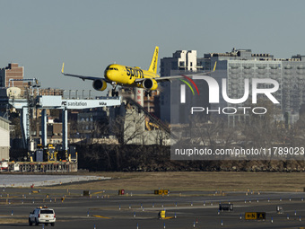 Spirit Airlines Airbus A320NEO aircraft spotted flying, landing and taxiing at LaGuardia airport. The iconic yellow A320 neo passenger airpl...