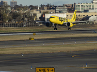 Spirit Airlines Airbus A320NEO aircraft spotted flying, landing and taxiing at LaGuardia airport. The iconic yellow A320 neo passenger airpl...