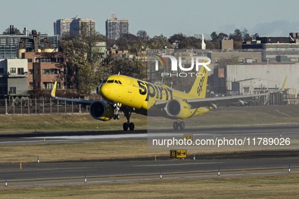 Spirit Airlines Airbus A320NEO aircraft spotted flying, landing and taxiing at LaGuardia airport. The iconic yellow A320 neo passenger airpl...