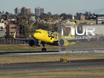 Spirit Airlines Airbus A320NEO aircraft spotted flying, landing and taxiing at LaGuardia airport. The iconic yellow A320 neo passenger airpl...