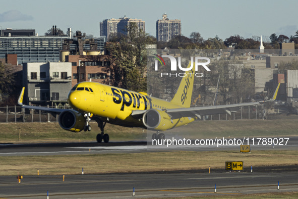 Spirit Airlines Airbus A320NEO aircraft spotted flying, landing and taxiing at LaGuardia airport. The iconic yellow A320 neo passenger airpl...