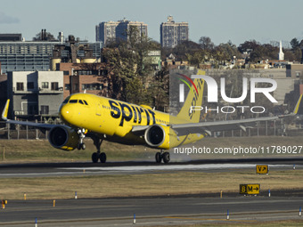 Spirit Airlines Airbus A320NEO aircraft spotted flying, landing and taxiing at LaGuardia airport. The iconic yellow A320 neo passenger airpl...