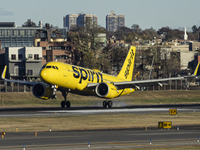 Spirit Airlines Airbus A320NEO aircraft spotted flying, landing and taxiing at LaGuardia airport. The iconic yellow A320 neo passenger airpl...