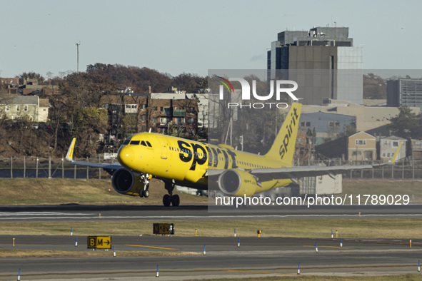 Spirit Airlines Airbus A320NEO aircraft spotted flying, landing and taxiing at LaGuardia airport. The iconic yellow A320 neo passenger airpl...