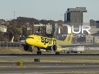 Spirit Airlines Airbus A320NEO aircraft spotted flying, landing and taxiing at LaGuardia airport. The iconic yellow A320 neo passenger airpl...