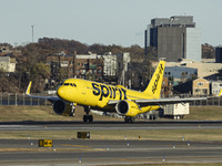 Spirit Airlines Airbus A320NEO aircraft spotted flying, landing and taxiing at LaGuardia airport. The iconic yellow A320 neo passenger airpl...