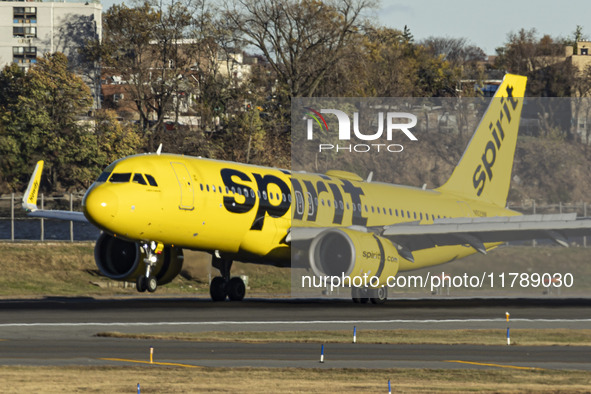 Spirit Airlines Airbus A320NEO aircraft spotted flying, landing and taxiing at LaGuardia airport. The iconic yellow A320 neo passenger airpl...