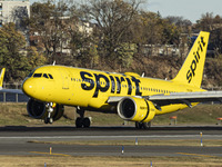 Spirit Airlines Airbus A320NEO aircraft spotted flying, landing and taxiing at LaGuardia airport. The iconic yellow A320 neo passenger airpl...