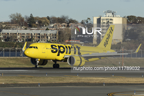 Spirit Airlines Airbus A320NEO aircraft spotted flying, landing and taxiing at LaGuardia airport. The iconic yellow A320 neo passenger airpl...