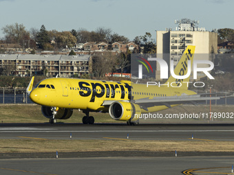 Spirit Airlines Airbus A320NEO aircraft spotted flying, landing and taxiing at LaGuardia airport. The iconic yellow A320 neo passenger airpl...