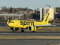 Spirit Airlines Airbus A320NEO aircraft spotted flying, landing and taxiing at LaGuardia airport. The iconic yellow A320 neo passenger airpl...