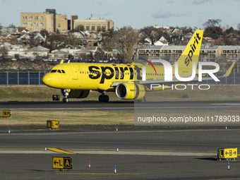 Spirit Airlines Airbus A320NEO aircraft spotted flying, landing and taxiing at LaGuardia airport. The iconic yellow A320 neo passenger airpl...