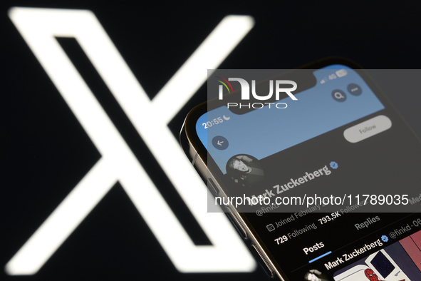 An editorial image shows an iPhone screen displaying Mark Zuckerberg's personal account on the X social network platform. The X logo appears...