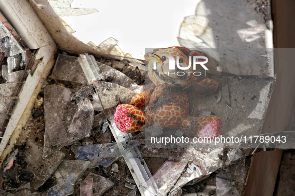 A soft toy lies among glass shards on the windowsill in a house damaged by a large-scale Russian missile strike in the Odesa region, Ukraine...